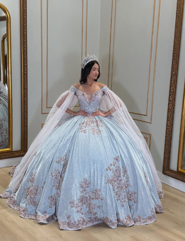 Shiny Baby Blue Ball Gown Off the Shoulder Sequin Tulle Sweet 16 Dress Party Gowns Quinceanera Dresses HZ1023